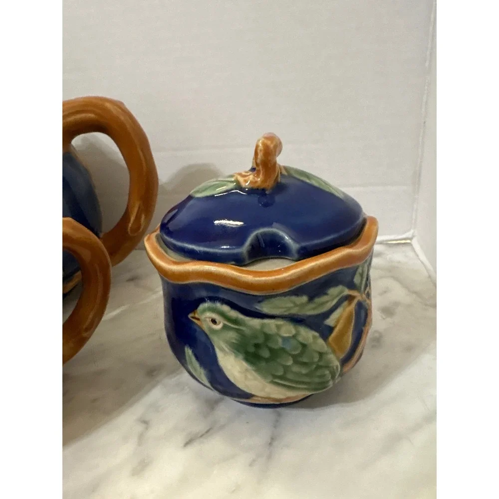Vtg Majolica Blue Green Partridge and Pear Ceramic Teapot Creamer Sugar 5 pc